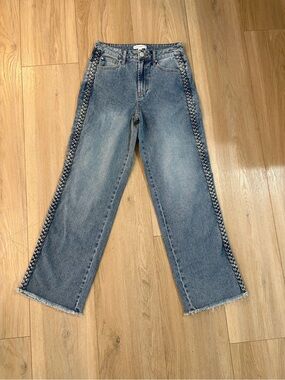 Braided-Trim Light Blue Wide-Leg Jeans